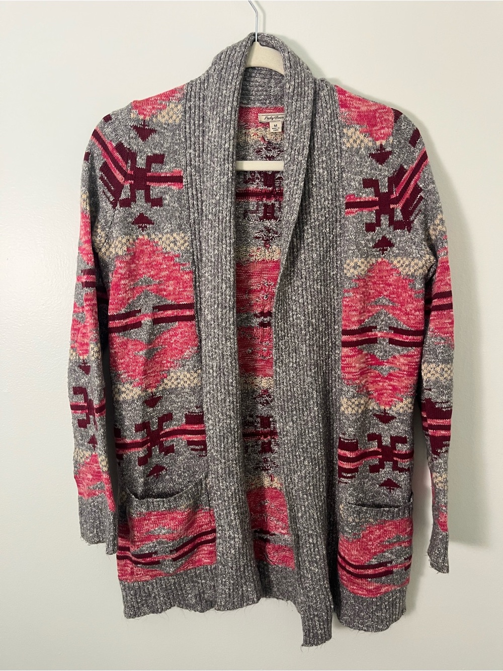 Cozy Gray & Pink Aztec Open-Front Cardigan Sweater